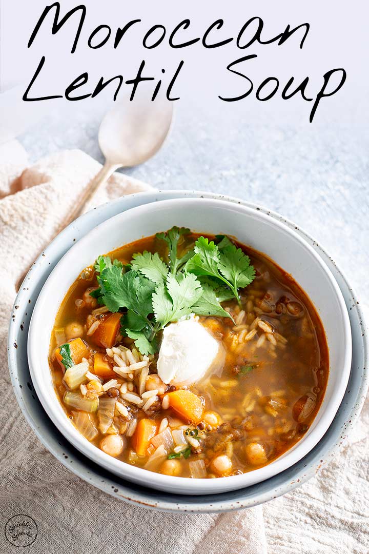 PIN IMAGE - rustic bowl of lentil soup with text overlay