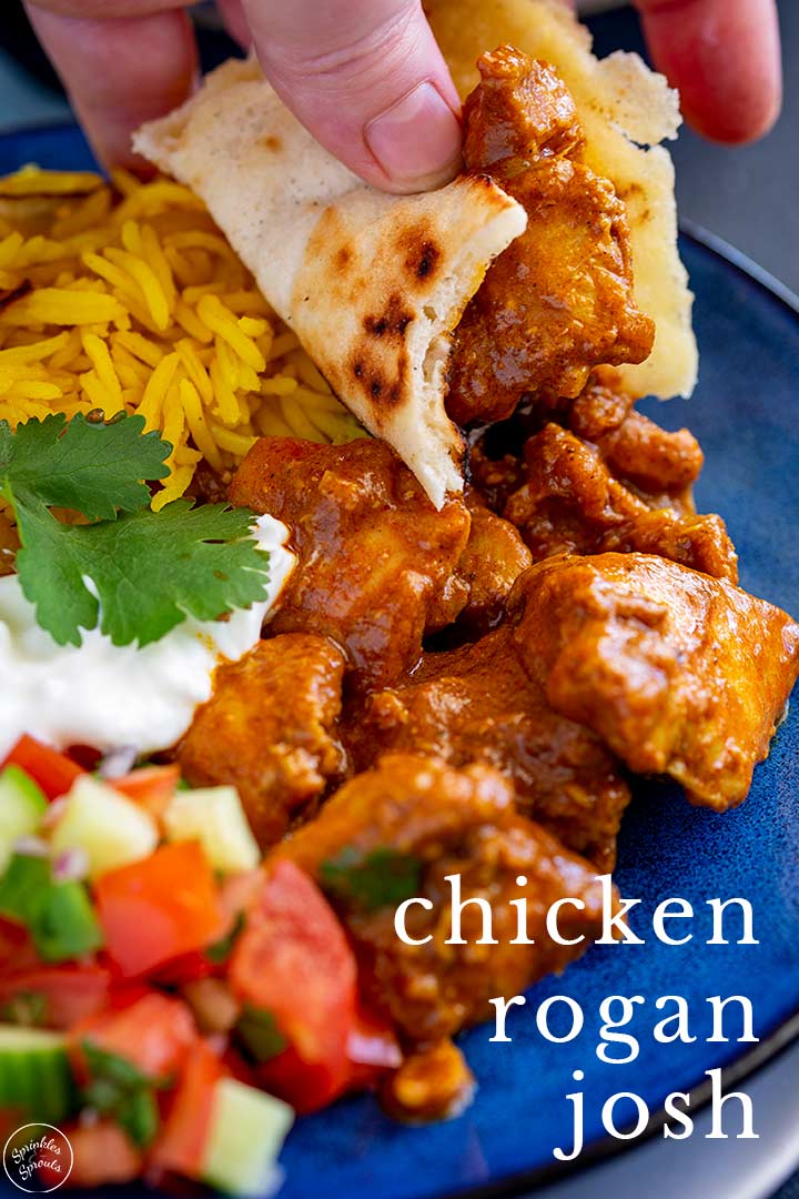 PIN IMAGE - Chicken Rogan Josh on a blue plate with text overlay
