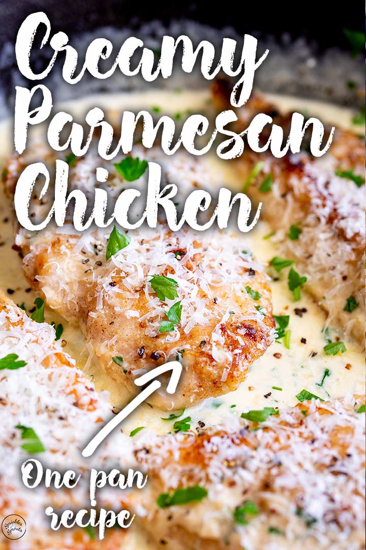 PIN IMAGE - Creamy chicken in a pan with text overlay