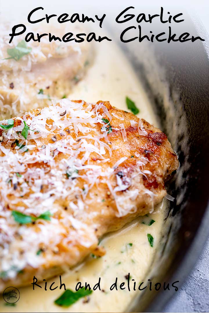 PIN IMAGE - Creamy chicken in a pan with text overlay