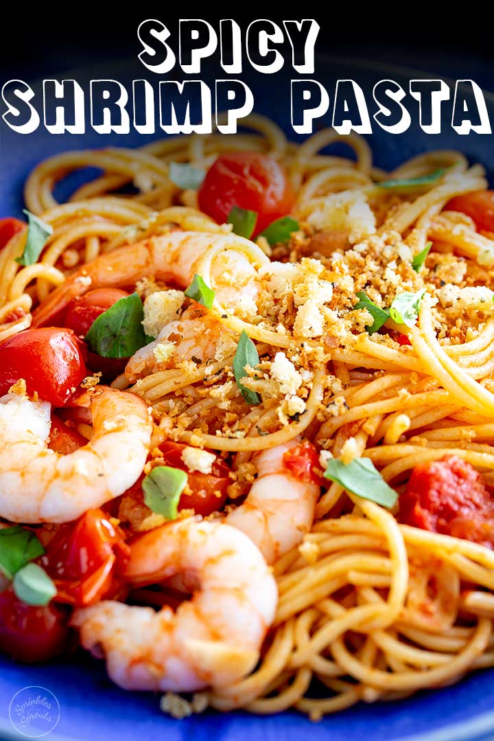 PIN IMAGE - Shrimp Pasta in a blue bowl with text overlay