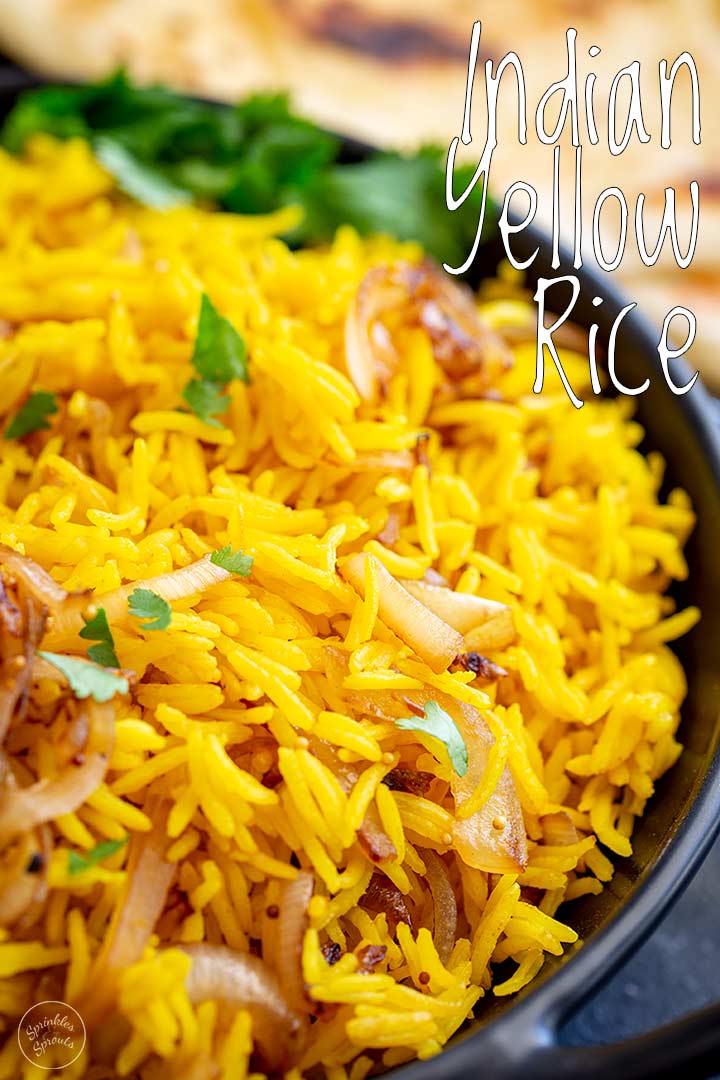 PIN IMAGE - Yellow Indian rice with text overlay in the top right