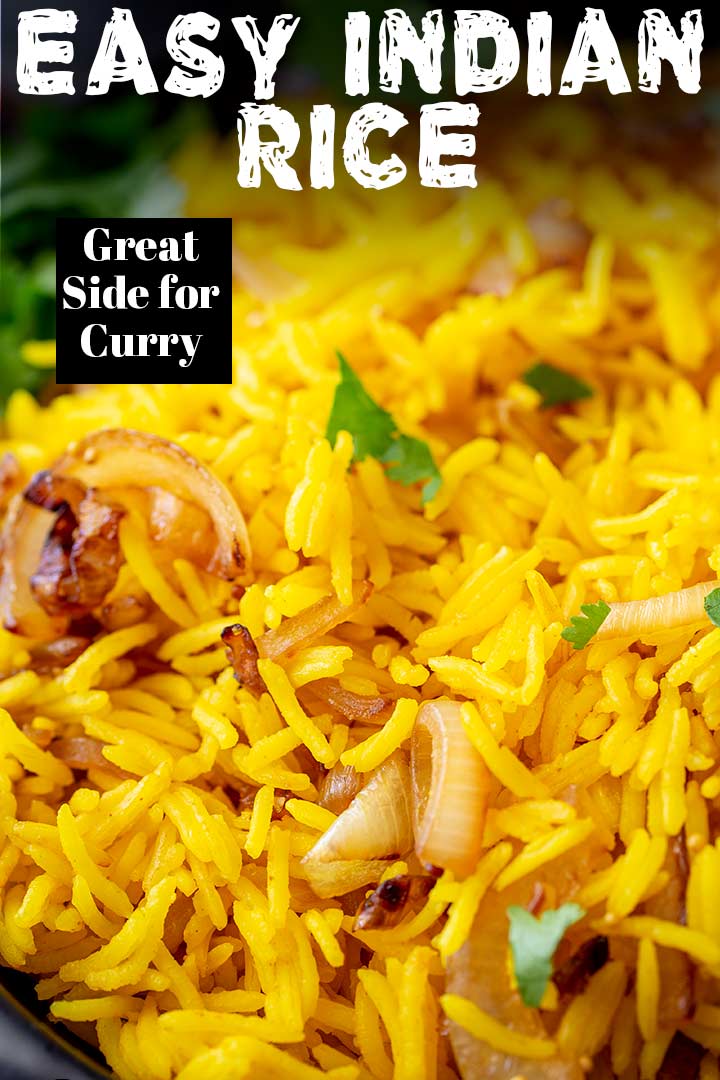 PIN IMAGE - Yellow Indian rice with text overlay at top