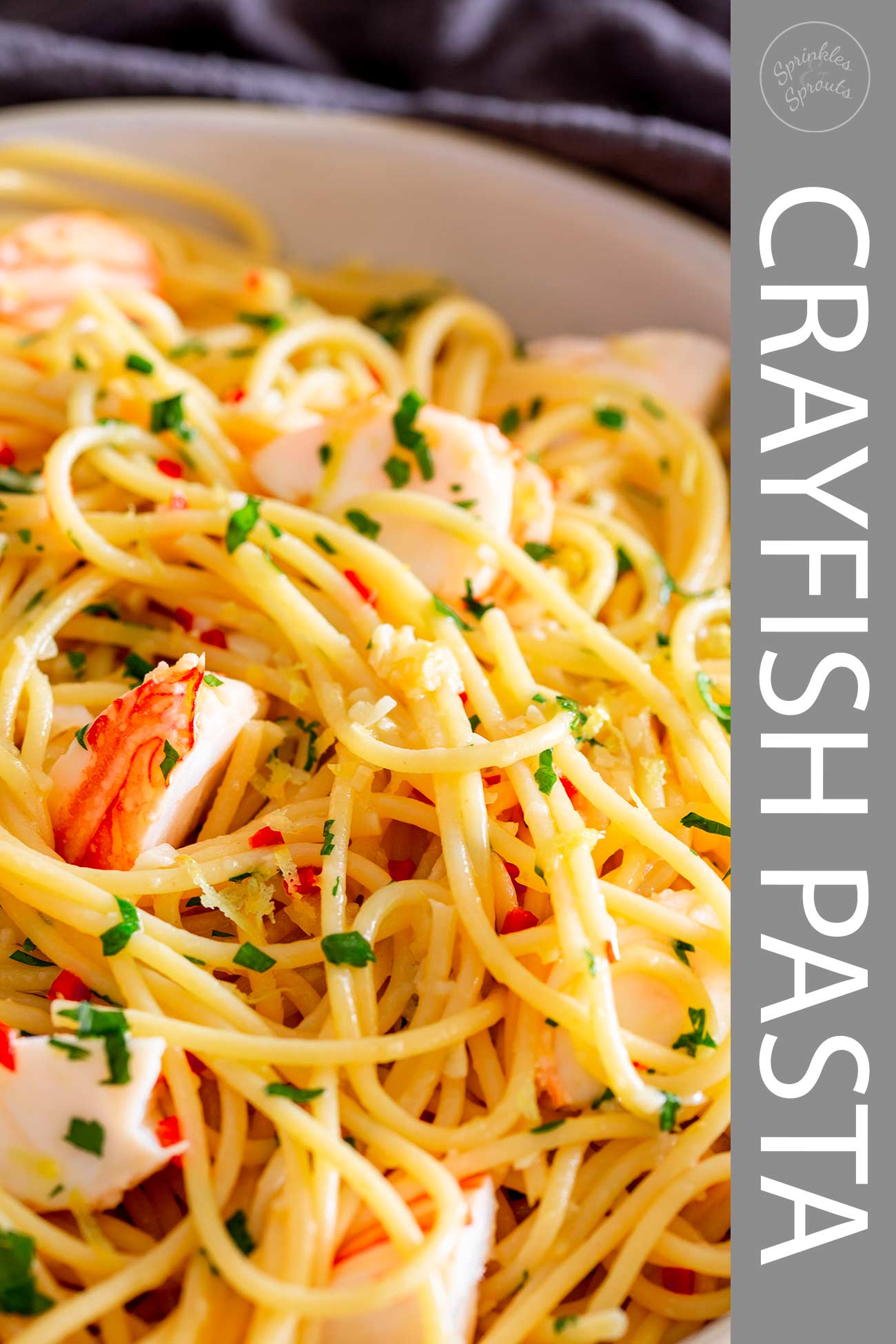 Pinterest image. Crayfish Pasta with text overlay
