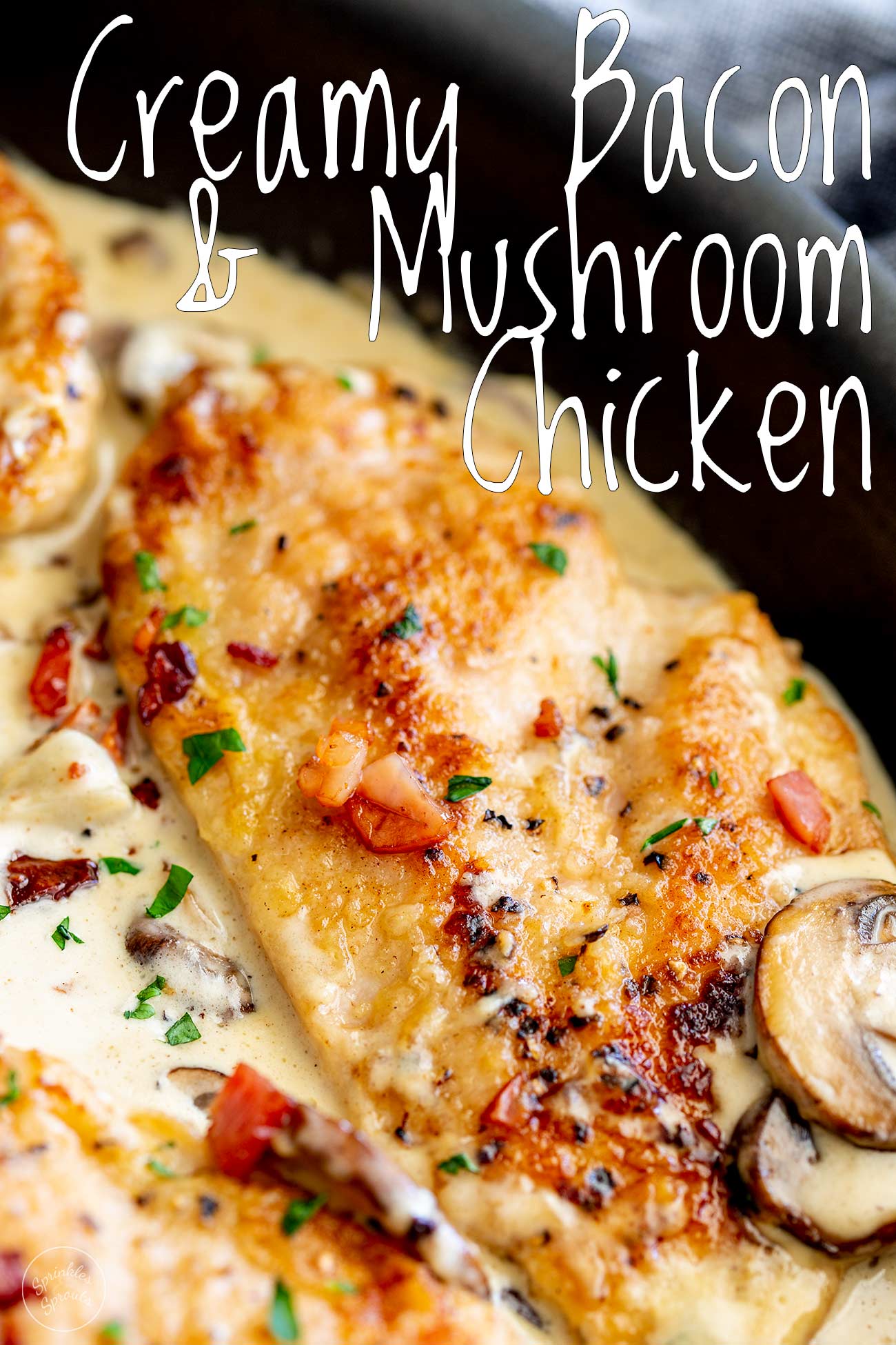 Pinterest image. Mushroom bacon chicken picture with text overlay