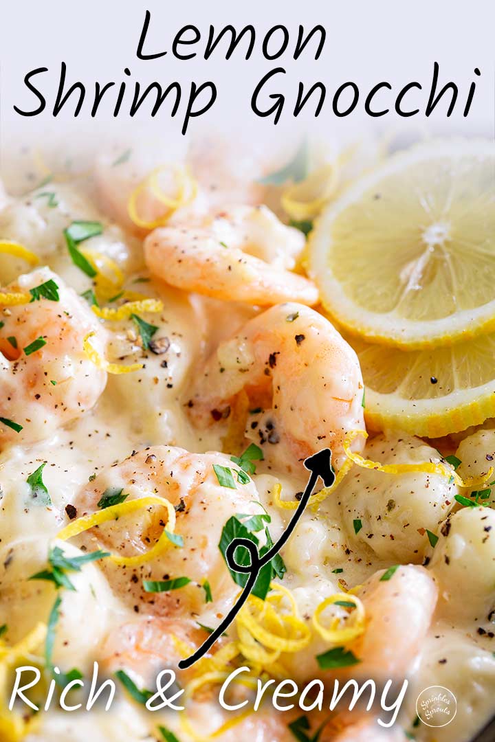 Pinterest Image - Creamy lemon shrimp gnocchi with text overlay