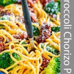 Pinterest Image - Broccoli Chorizo Pasta with text overlay