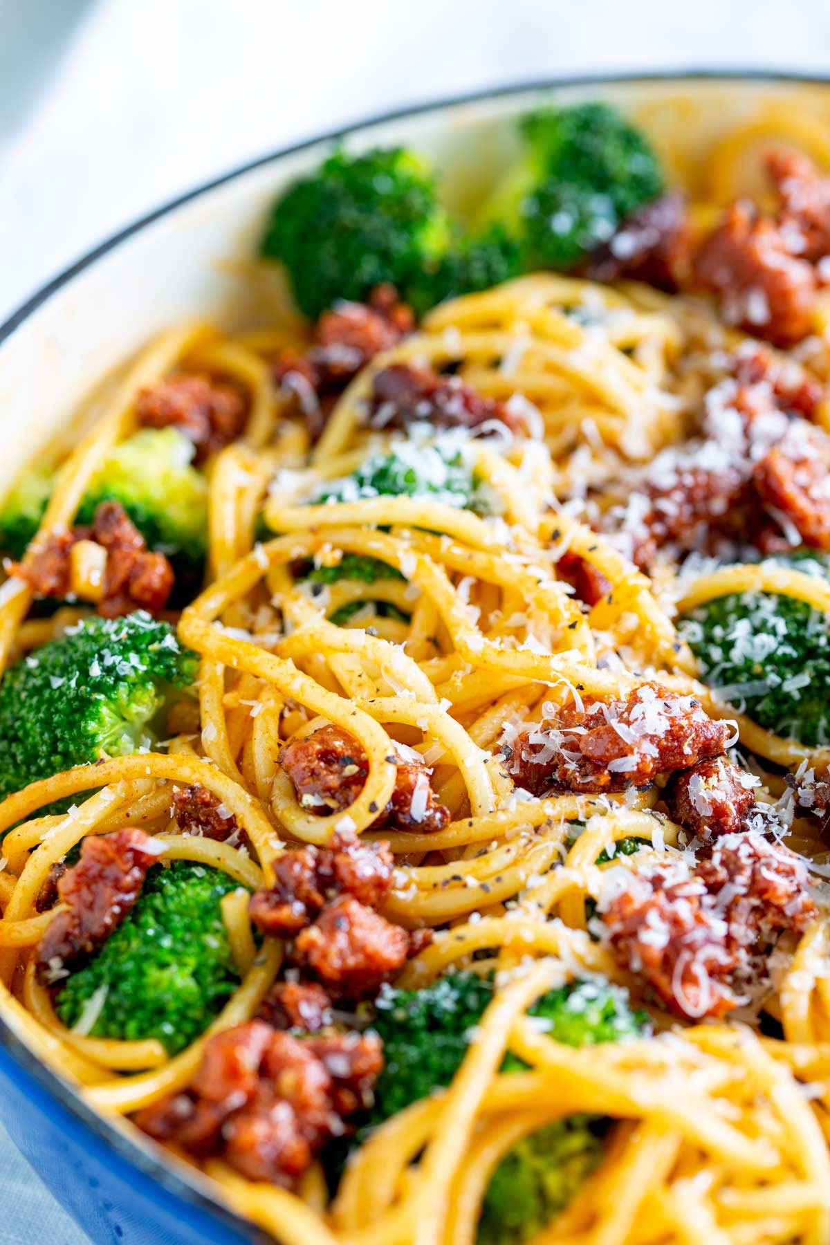 chorizo and broccoli stirred through pasta with parmesan