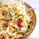 PINTEREST IMAGE : Creamy bacon pasta with text overlay
