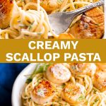PINTEREST IMAGE - Creamy scallop pasta with text overlay