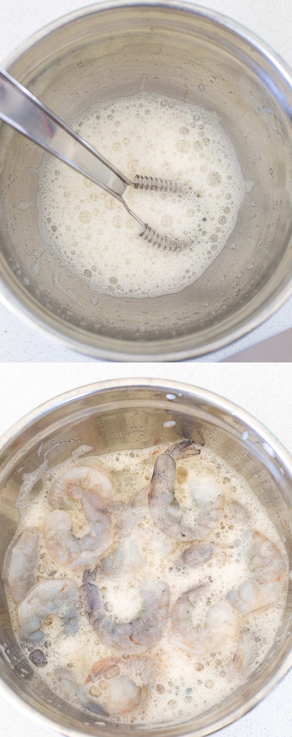 two pictures of egg white being mixed with shrimp