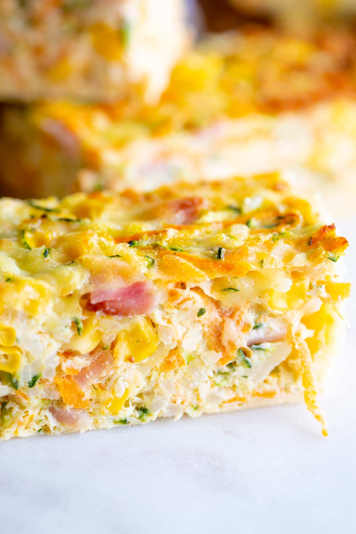 close up on a slice of frittata