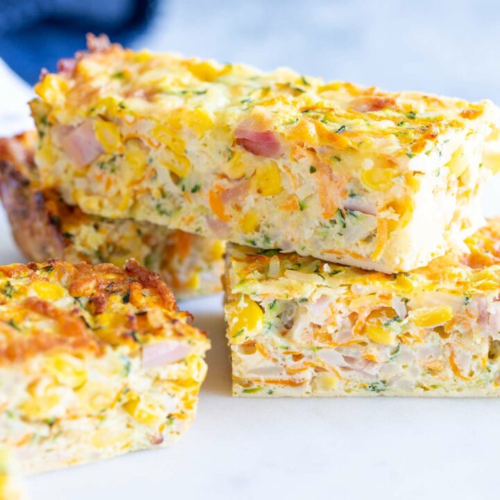 close up on a stack of frittata slices