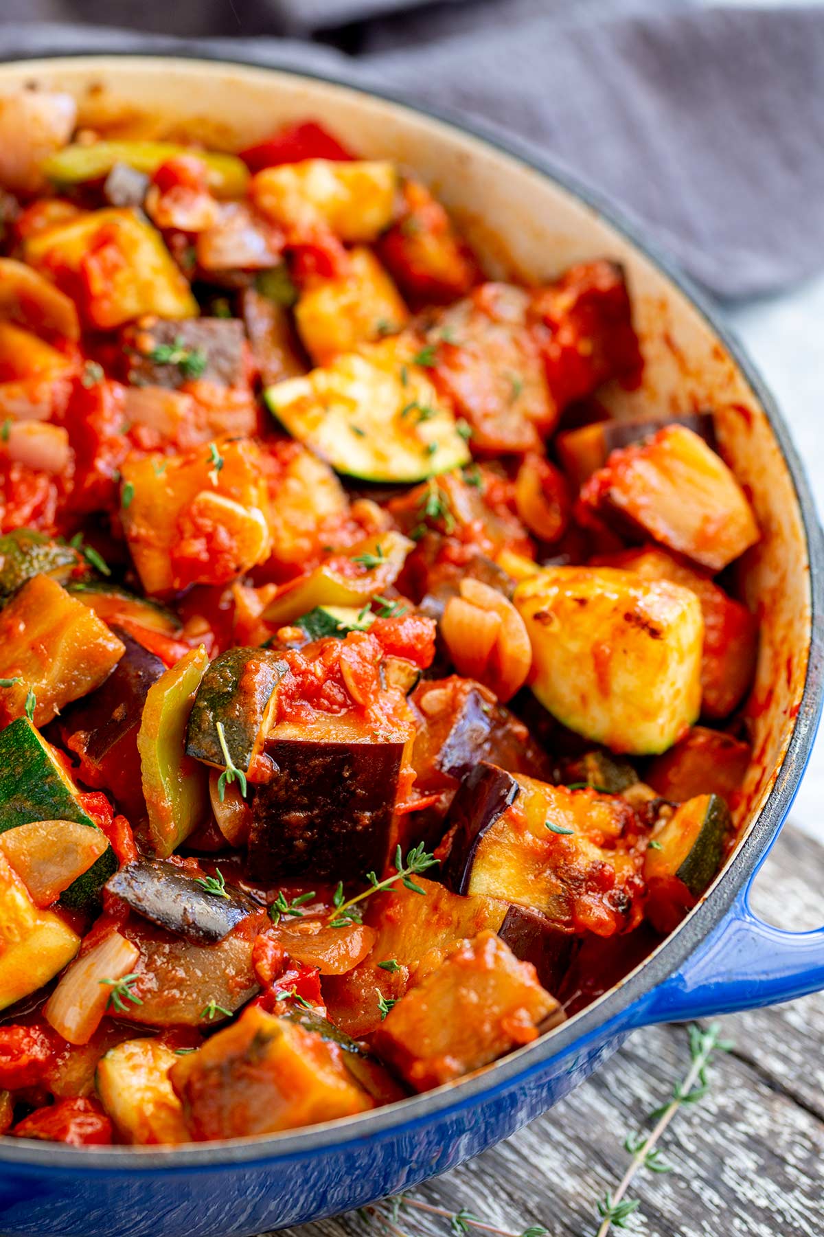 close. up on the chunks of eggplant in the ratatouille