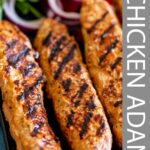 Pinterest Image: chicken adana kebabs with text overlay