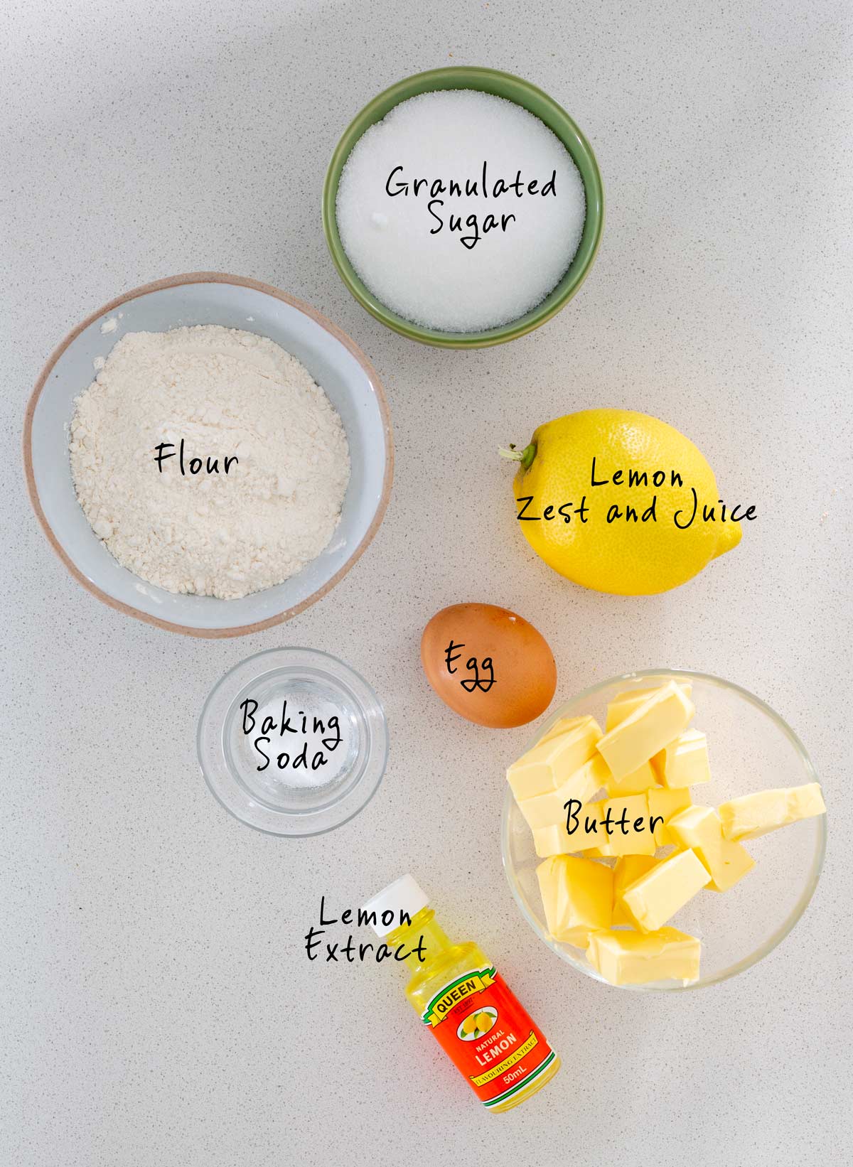 labeled ingredients for making lemon wafer cookies