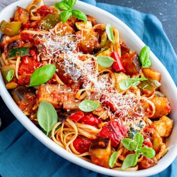 close up on a large bowl of Ratatouille Pasta