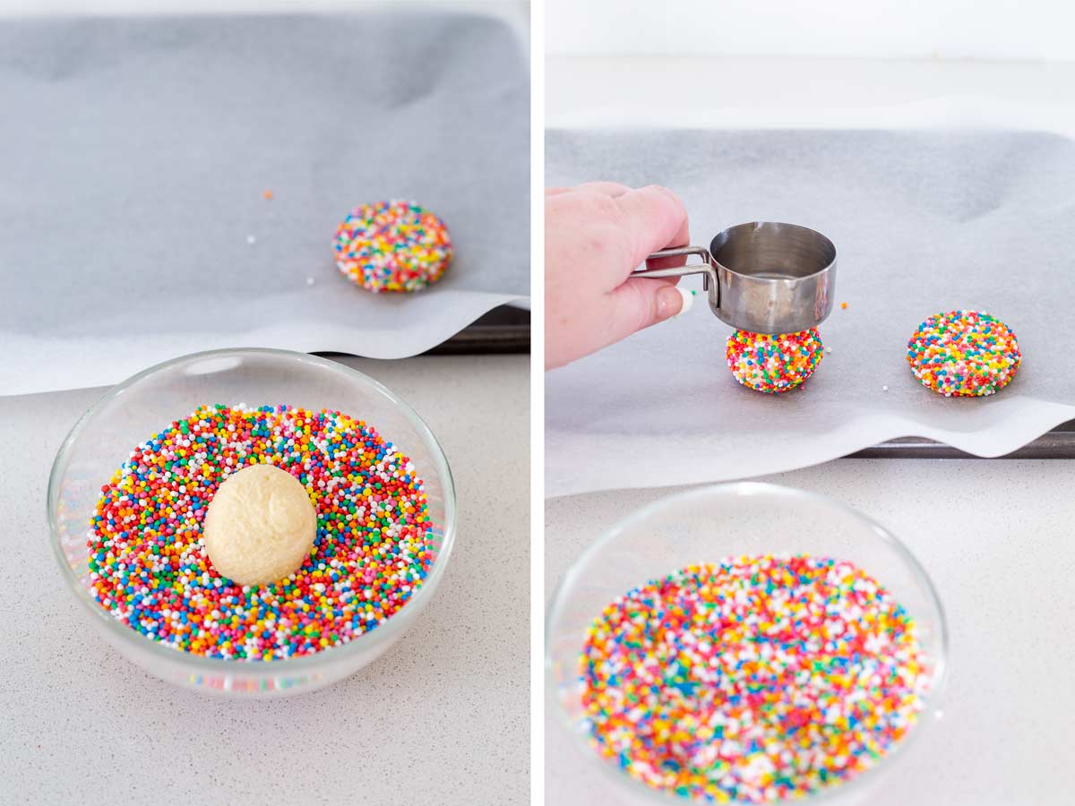 split image showing how to roll and coat sprinkle cookies