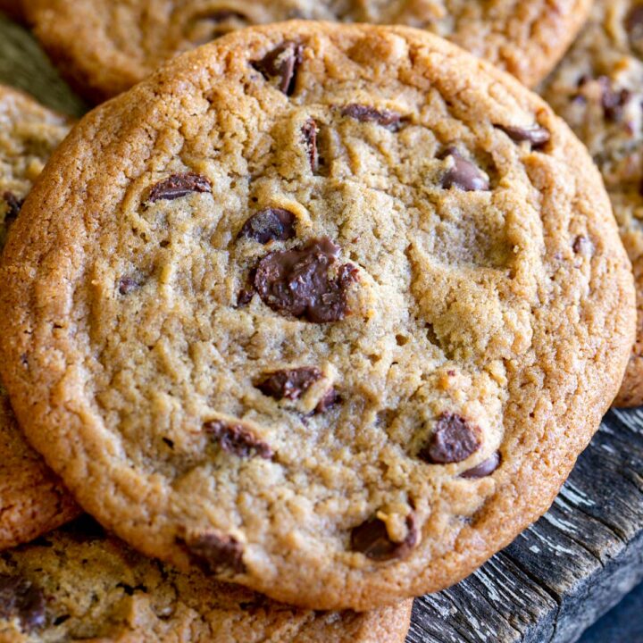 extreme close up of the choc chips in a cookie