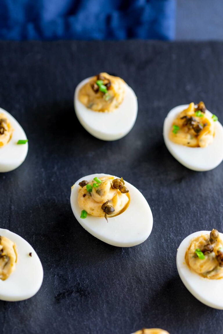 Deviled Eggs with Fried Capers Sprinkles and Sprouts