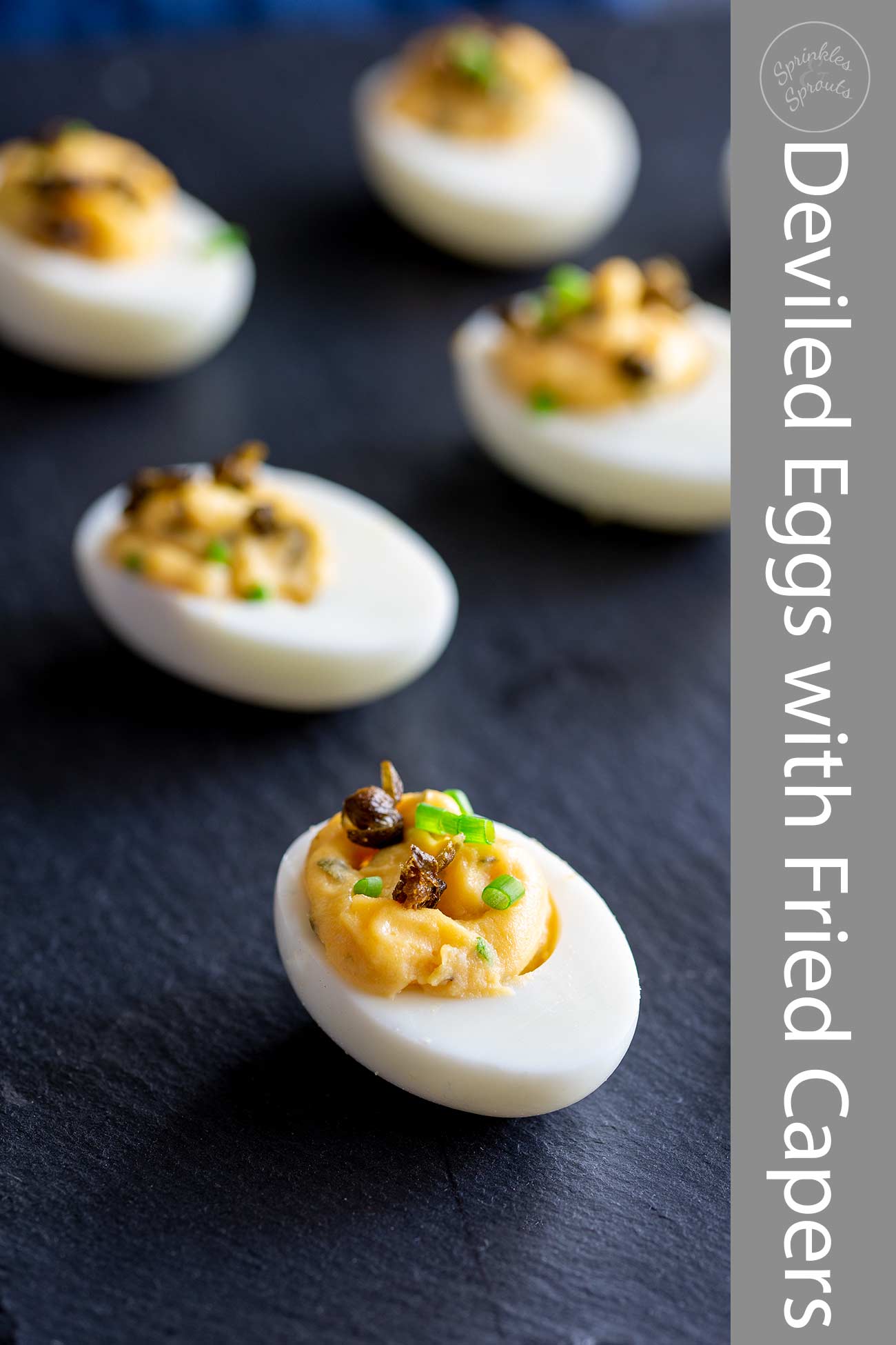 Deviled Eggs with Fried Capers Sprinkles and Sprouts