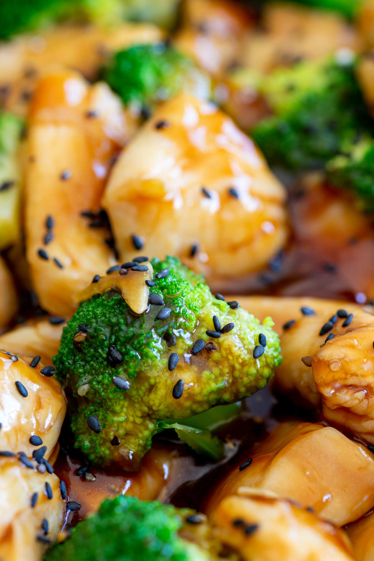 close upon a steamed piece broccoli in a chicken and broccoli stir fry