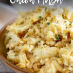 pin image: Caramelized Onion Mashed Potatoes with text overlaid