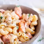 pinterest image: Salmon and Shrimp Pasta with text overlay