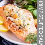 pinterest image: shrimp stuffed salmon with text overlaid