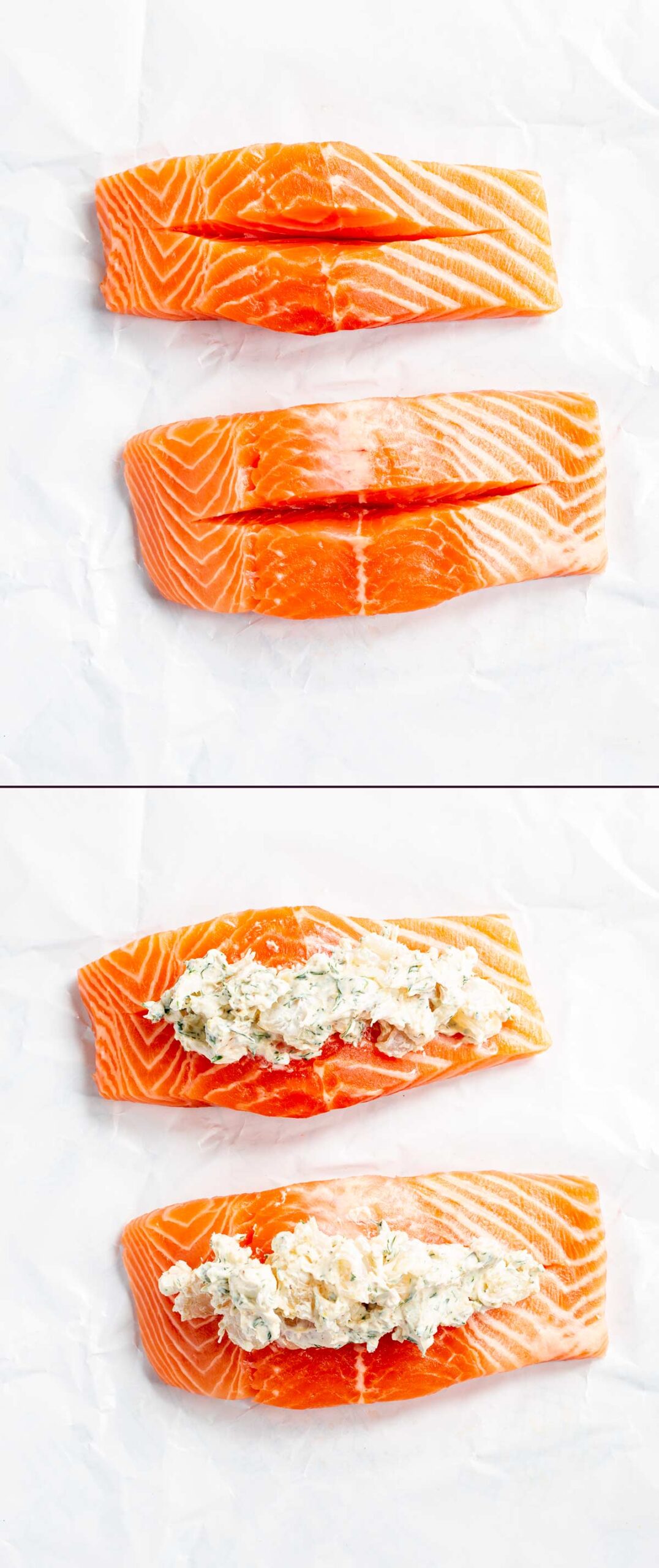 two pictures of raw salmon showing how to cut and stuff it