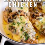 Pinterest Image: Cheesy Smothered Mushroom Chicken with text overlaid