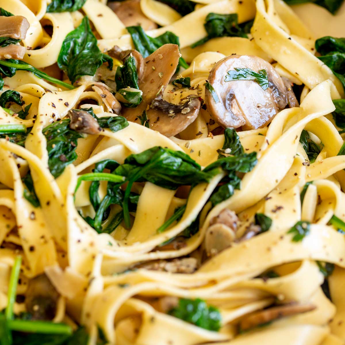 super close up of the swirls of pasta in a dish of Spinach Mushroom Pasta