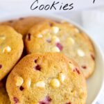 pin image: White Chocolate Raspberry Cookies with text overlaid