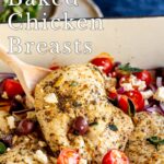 pin image: baked Greek chicken breasts with text overlaid