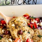 pin image: baked Greek chicken breasts with text overlaid