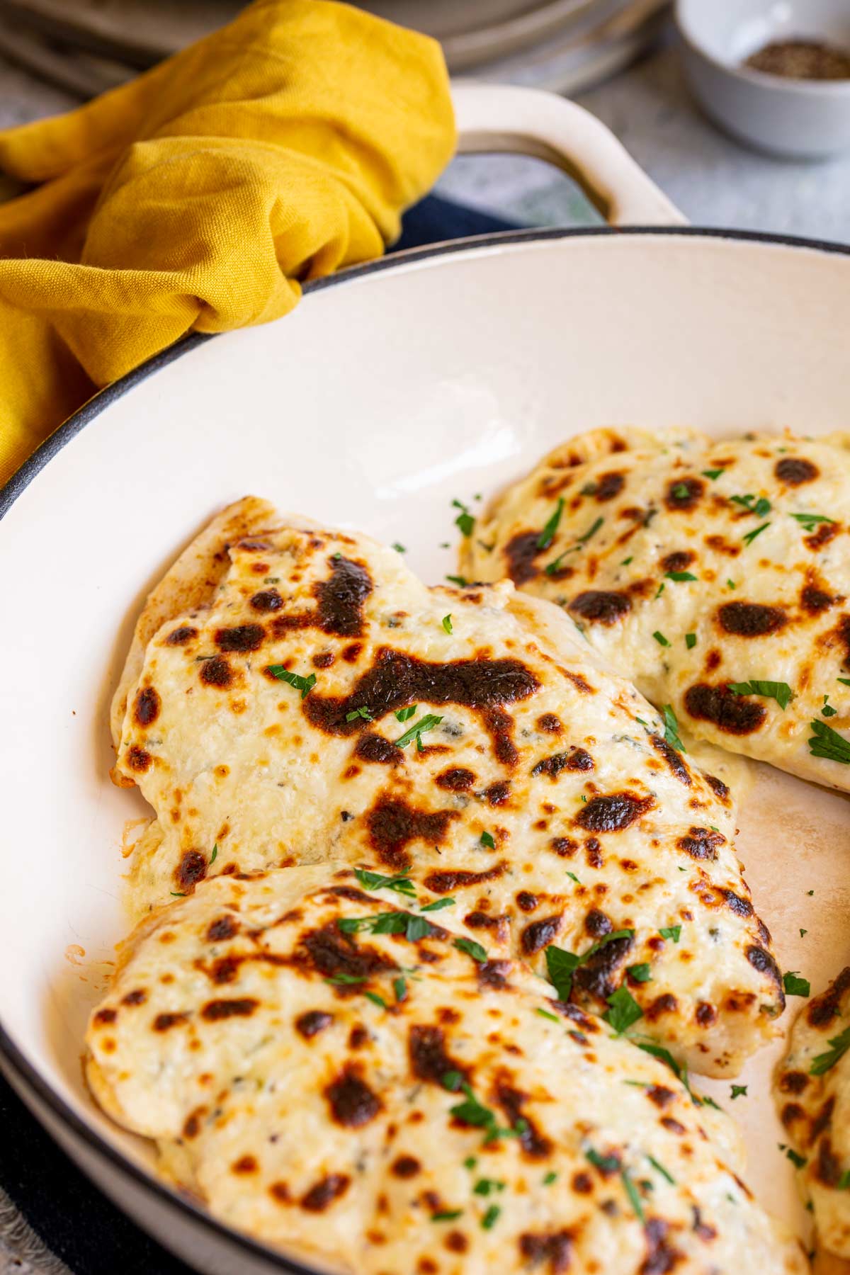 close up on the golden color on the melted cheese crust on chicken breasts