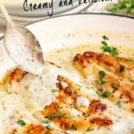 pin image: Creamy ranch chicken in a pan with text overlaid