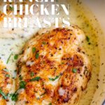 pin image: Creamy ranch chicken in a pan with text overlaid