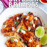 Pin Image: Buffalo Chicken Breasts topped with blue cheese crumbles with text overlays