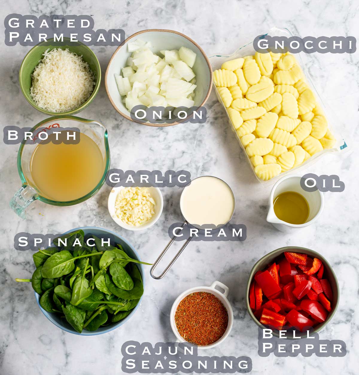 The ingredients gnocchi and sauce ingredients for cajun chicken gnocchi