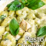 pin image: Pesto Chicken Gnocchi in a blue pan with text overlaid