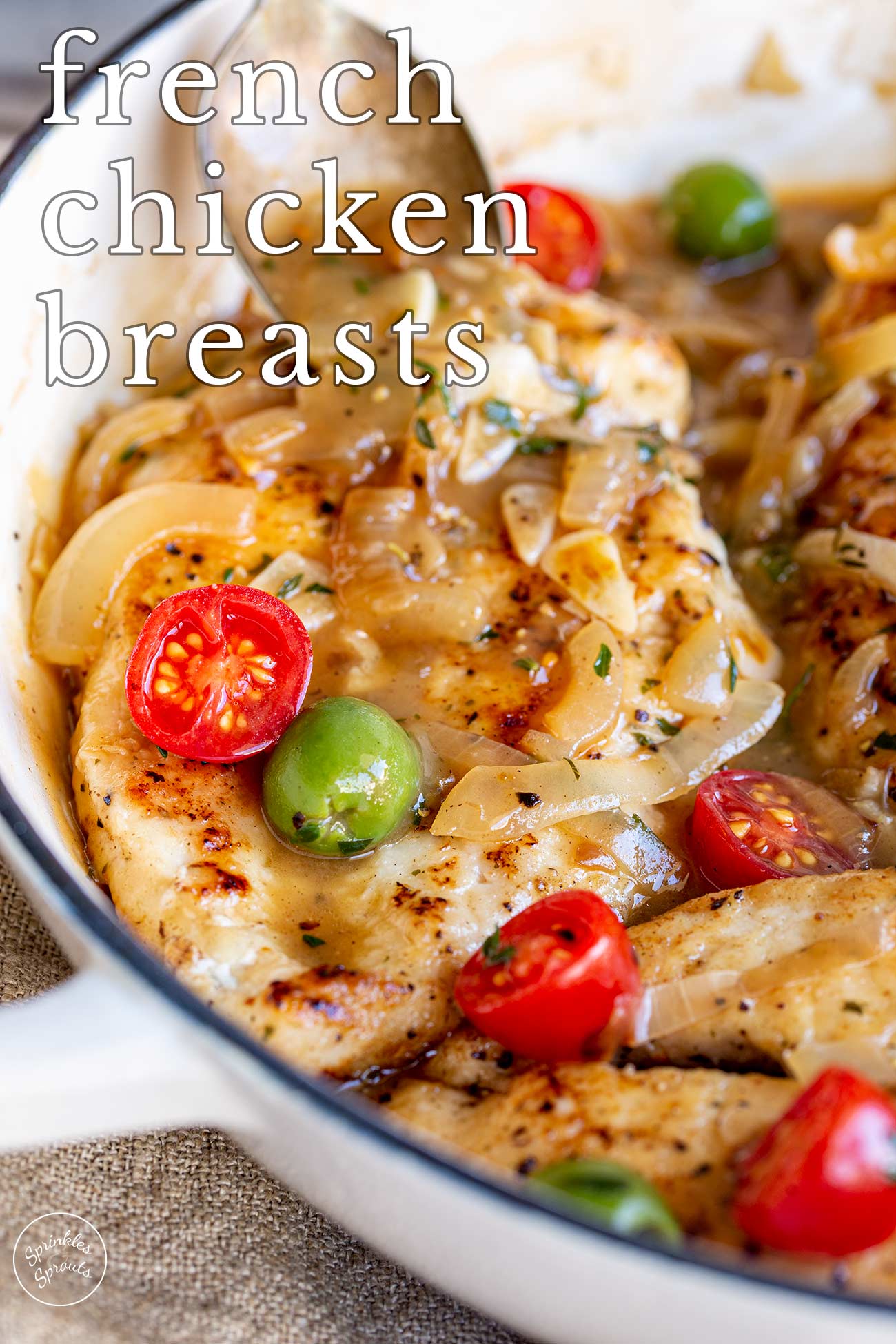 pin image: French chicken breasts in a pan with text overlaid
