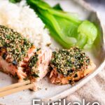 Pin Image: Furikake Salmon on a rustic plate with text overlaid