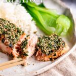 Pin Image: Furikake Salmon on a rustic plate with text overlaid