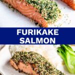 Pin Image: two pictures of Furikake Salmon, raw and cooked with text overlaid