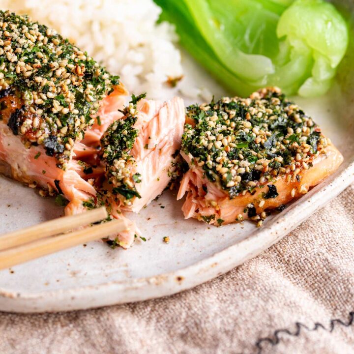 close up on some flakes of salmon, from a fillet of Furikake Salmon
