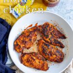 pin image: Harissa honey chicken in a frying pan with text overlaid