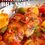 pin image: Spanish Chicken Breasts in a pan with text overlaid