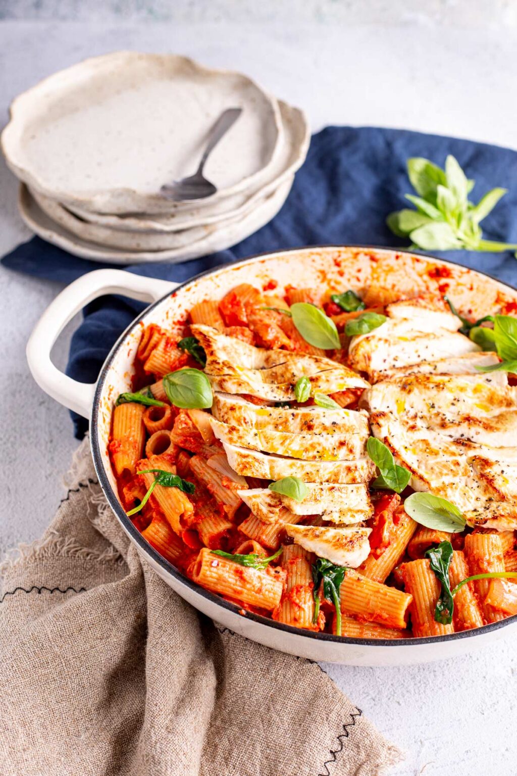 Rigatoni Arrabbiata with Chicken Sprinkles and Sprouts