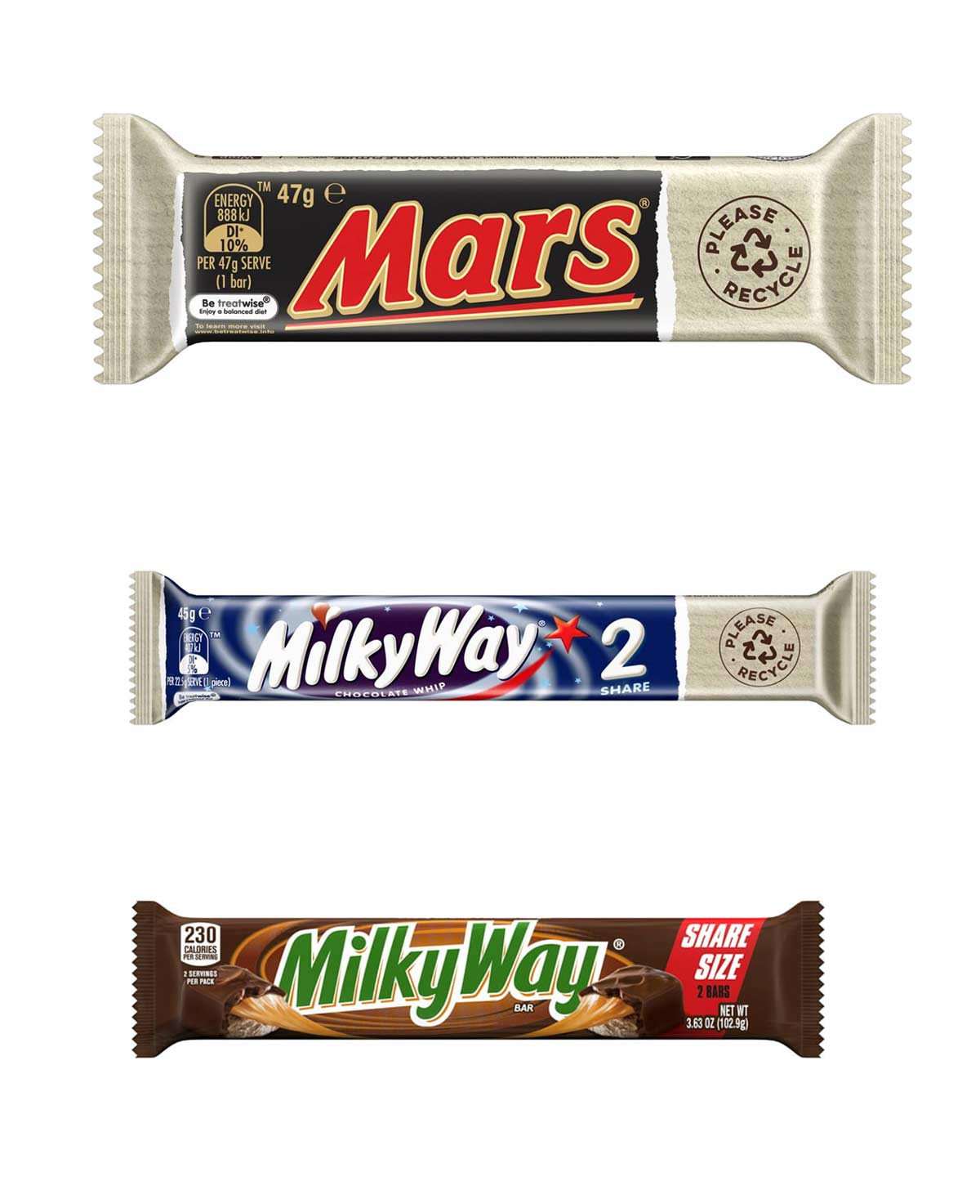 3 bars of chocolate showing the different mars bar and Milky Way chocolate bars